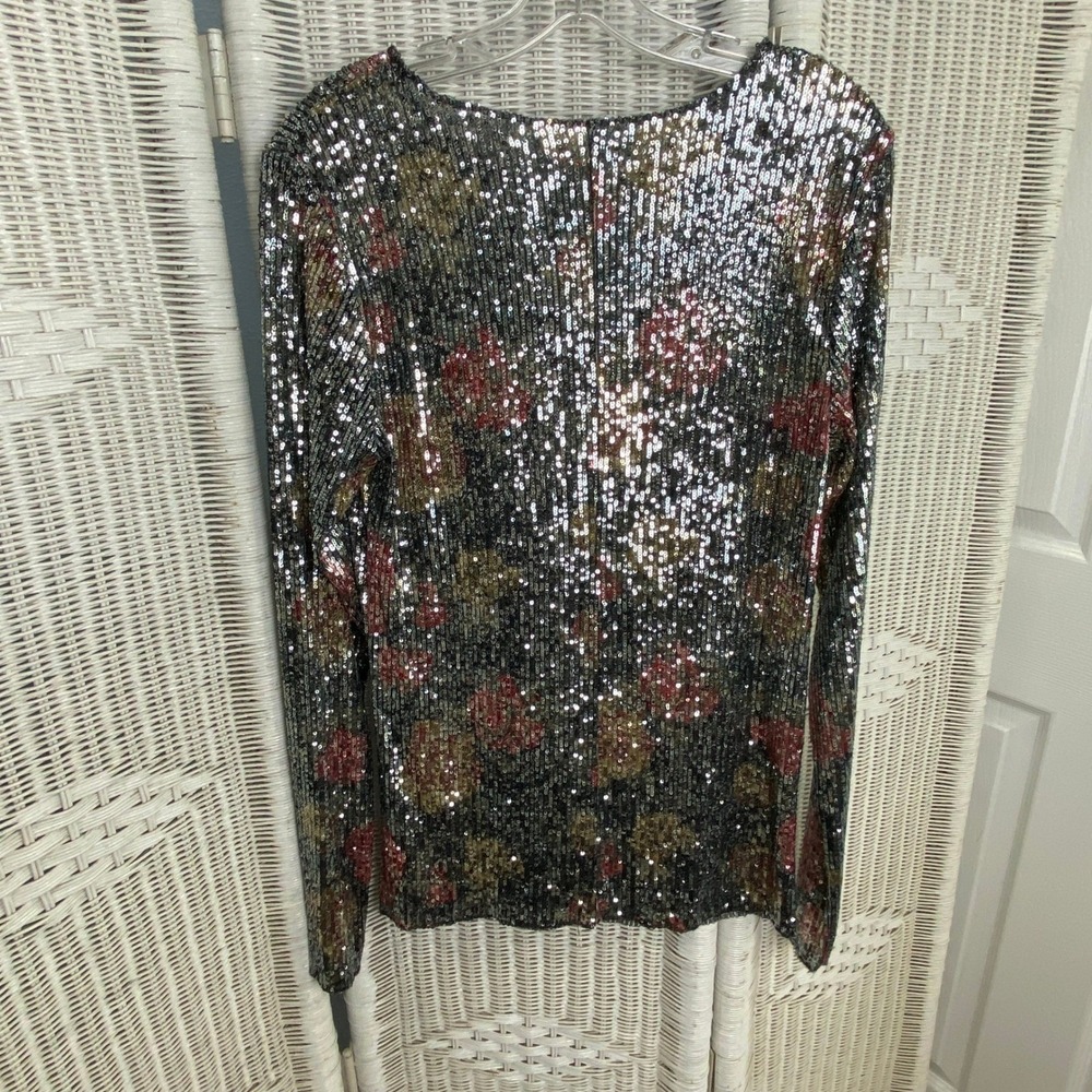 Free People Intimately Sequin Mesh Floral Top Silver Pastel Sparkle Glam XL - Picture 8 of 10
